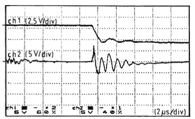 Fig. 4. Waveshape of the overvoltage Channel 1-voltage at CVD; ch 1 (2.5 V/div), probe 1x100, ratio 455 Channel 2-voltages at secondary of VT; ch 2 (5 V/div), probe 1x100